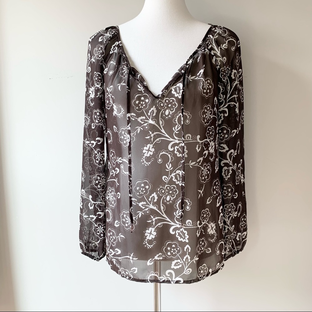 LOFT Brown Floral Sheer along Sleeve V-Neck Blouse Size 2